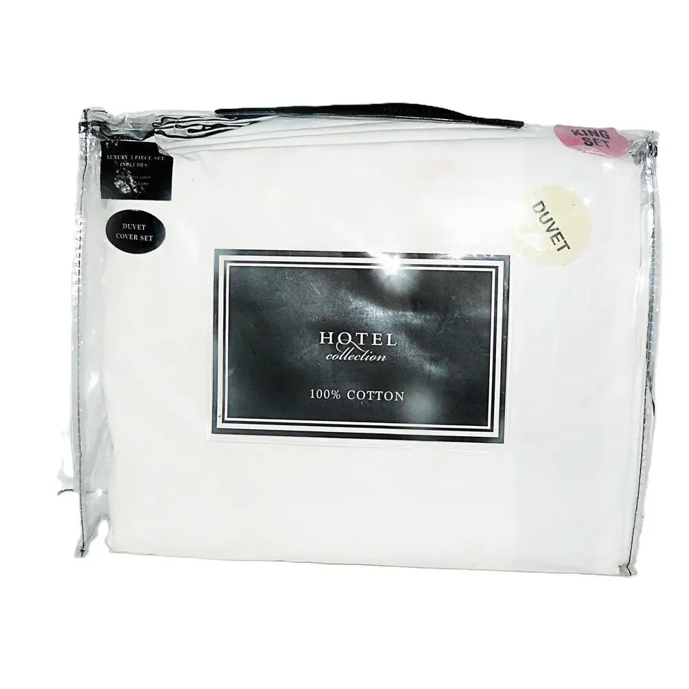 Hotel Collection King 3-Piece Duvet Cover 2 Shams 100% Cotton White Navy